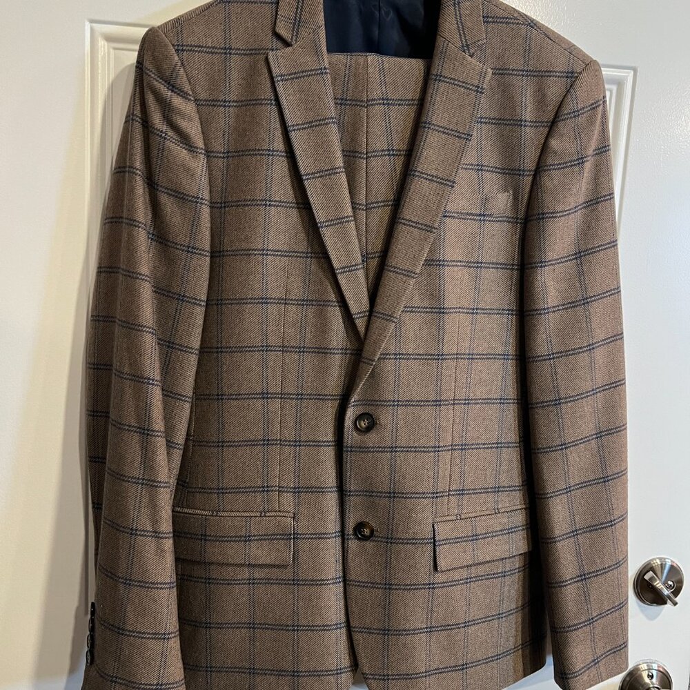 River Island Taupe and Navy Window Pane Plaid Wool Suit Mens 40R
